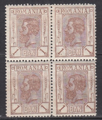ROMANIA 1900/1906 LP 54 b REGELE CAROL I SPIC DE GRAU FARA FILIGRAN VALOAREA 1 BAN BRUN INCHIS BLOC DE 4 TIMBRE GUMA ORIGINALA STARE MNH/SARNIERA foto