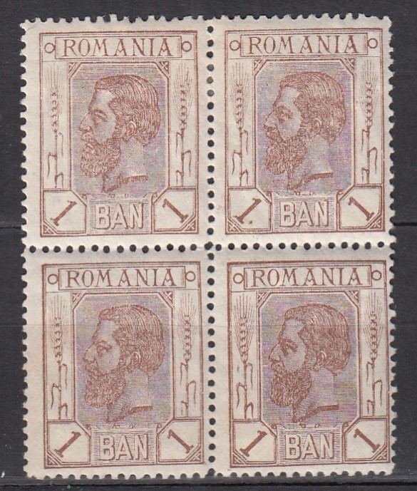 ROMANIA 1900/1906 LP 54 b REGELE CAROL I SPIC DE GRAU FARA FILIGRAN VALOAREA 1 BAN BRUN INCHIS BLOC DE 4 TIMBRE GUMA ORIGINALA STARE MNH/SARNIERA