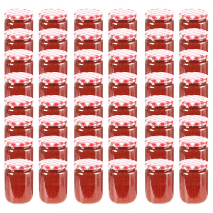 vidaXL Borcane de sticlă pentru gem capac alb și roșu, 48 buc, 230 ml