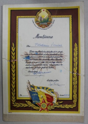 DIPLOMA MENTIUNE , PENTRU REZULTATE DEOSEBITE IN CADRUL FORTELOR ARMATE AL R.P.R . , 1960 foto