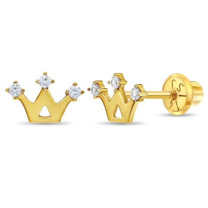 Cercei din Aur 14K pentru Bebelusi si Copii, model Coroana cu Pietre CZ, inchidere cu Filet si Protectie