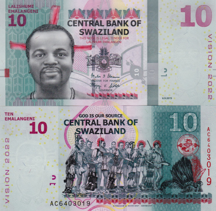 Swaziland 10 Emalangeni 06.09.2015 UNC