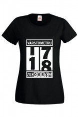 TRICOU DAMA NEGRU MESAJ ANIVERSARE VARSTOMETRU 18 ANI foto