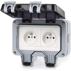 Priza dubla IP66, De exterior, Policarbonat, Impermeabila, Gri/Alb