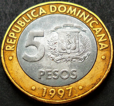 Moneda exotica - bimetal 5 PESOS - REPUBLICA DOMINICANA, anul 1997 * cod 1685 B foto