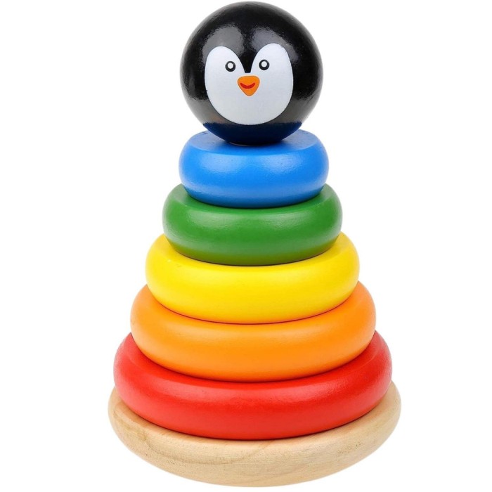 Jucarie de stivuire din lemn, inele curcubeu cu Pinguin, multicolor Multicolor