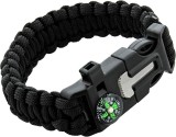 Bratara de supravietuire in aer liber, tip army, 5 in 1, paracord, busola , fluier, cutit, cremene, negru, 26 cm