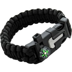 Bratara de supravietuire in aer liber, tip army, 5 in 1, paracord, busola , fluier, cutit, cremene, negru, 26 cm