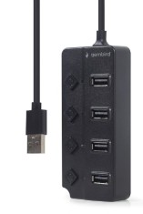 HUB extern GEMBIRD, porturi USB: USB-A 2.0 x 4, conectare prin USB-A 2.0, cablu 0.80 m, negru, &quot;UHB-U2P4P-01&quot; (timbru verde 0.18 lei)