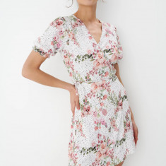 Rochie mini cu decolteu in V, imprimeu floral si maneca scurta, alb, dama, Mohito