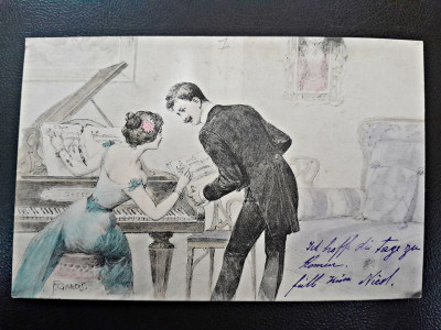 Carte postala, femeie si barbat la ian, desen, inceput de secol XX foto