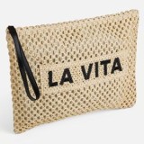 Portofel din paie impletite, 31x24cm, Bej natural cu broderie neagra, CMCLASS