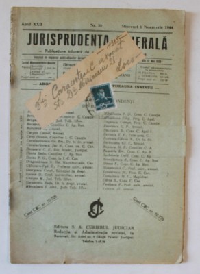JURISPRUDENTA GENERALA , PUBLICATIUNE TRILUNARA DE JURISPRUDENTA ROMANA SI STREINA , NR. 20 , 1 NOIEMBRIE , 1944 foto