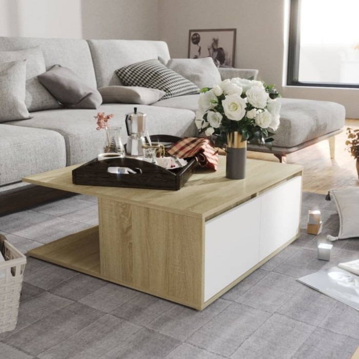 Gossi masuta de cafea alb si stejar sonoma 80x80x31 cm lemn prelucrat