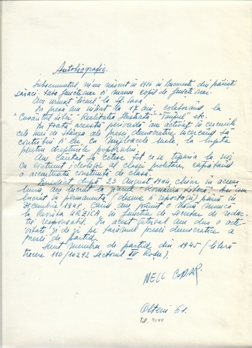 A3382N Autobiografie scrisă și semnată olograf de Nell Cobar