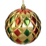 Ornament Brad de Craciun Glob cu Romburi Rosii Verzi și Glitter Auriu, CMCLASS