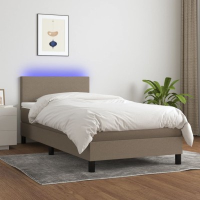 vidaXL Pat cu arcuri, saltea și LED, gri taupe, 90x190 cm, textil 3132961 foto