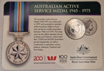 Australia , 20 cents 2017, km#3337, Active Service Medal, coincard foto