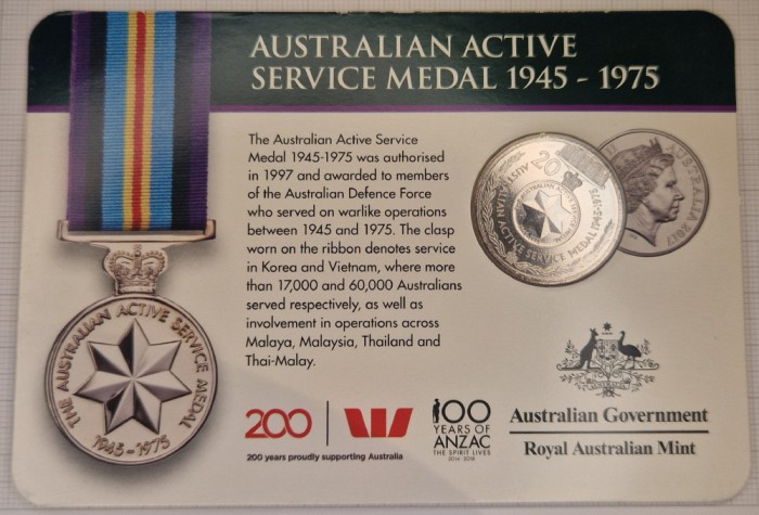 Australia , 20 cents 2017, km#3337, Active Service Medal, coincard