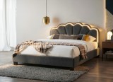 Set pat tapitat Comfort 2 cu LED cu saltea inclusa, cadru din lemn cu somiera fixa, culoare Gri