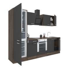 Mobilă de bucătărie Yorki 270, corp din stejar Yorki, față antracit satinat cu element cuptor inferior și frigider congelator inferior