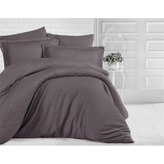 Lenjerie de pat pentru o persoana cu husa elastic pat si fata perna dreptunghiulara, Elegance, damasc, dunga 1 cm 130 g/mp, Kahverengi, bumbac 100%