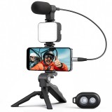 Kit Vlogging Profesional Linomag&reg; pentru filmari video Youtube, TikTok, Telecomanda bluetooth, Trepied pliabil tip pistol, Lampa LED, Microfon, Compat