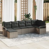 Set de canapele de grădină vidaXL cu 7 piese și perne Gri Ratan Poli, Set de canapea de grădină vidaXL cu 2 locuri și perne Gri Ratan Poli