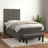 vidaXL Pat box spring cu saltea, gri &icirc;nchis, 90x200 cm, catifea