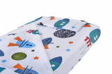 Lenjerie pentru patut bebe SomnART Rachete, 3 piese, bumbac 100%, 60x120 cm