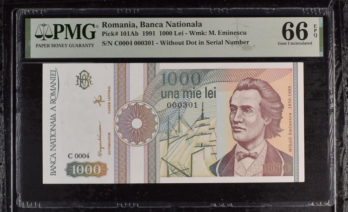 BANCNOTA 1000 lei 1991 Serie fără punct PMG 66 EPQ