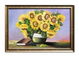 Cumpara ieftin Vaza cu floarea soarelui si carte, 65x45cm tablou inramat pictat manual ulei pe panza, Constantin Feraru