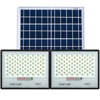 Set 2 proiectoare LED cu Panou Solar Flippy, Senzor de miscare, Telecomanda, Waterproof, 200 LED-uri incorporate, 65W, 24x18 cm, IP67, Design Modern, foto