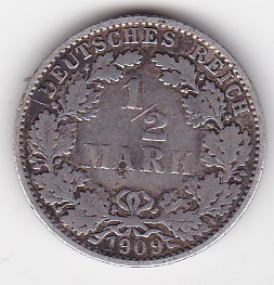 Germania &frac12; Mark Marca 1909 Wilhelm II type 2 small shield Litera E