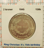 Danemarca 2 kroner 1945 argint - King&#039;s Birthday - km 836 - G011, Europa