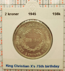 Danemarca 2 kroner 1945 argint - King&amp;#039;s Birthday - km 836 - G011 foto