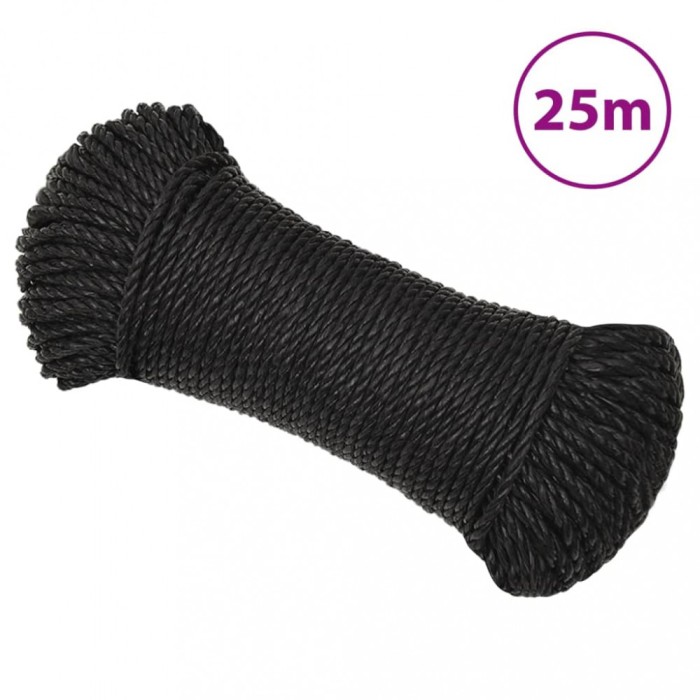 Fr&acirc;nghie de lucru, negru, 6 mm, 25 m, polipropilenă
