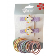 Set 16 elastice de par cu 2 agrafe cu Ponei, 5 cm, Mov, 52BJ