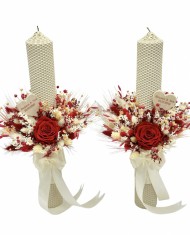 Set lumanari personalizabile, colorate, pentru nunta sau botez cu aranjament frontal cu criogenat si plante naturale uscate, 40 cm (Alb Rosu)