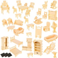 Set Mobilier din Lemn pentru Păpuși, 34 Piese, pentru Copii Peste 3 Ani, 175 Elemente, Natur foto