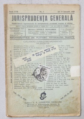 JURISPRUDENTA GENERALA , PUBLICATIUNE SAPTAMANALA DE JURISPRUDENTA ROMANA SI STREINA , NR.3, 1939 foto