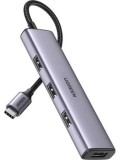 HUB extern Ugreen, &quot;CM473&quot; porturi USB: USB 3.0 x 4, 1 x USB Type-C PD 100W, conectare prin USB 3.0, aluminiu, lungime 15 cm, gri, &quot;20805&quot; (timbru ver