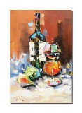 Natura statica cu pahar si sticla de vin tablou pictat manual, 60x40cm ulei pe panza in cutit, Geo Ungureanu
