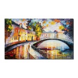 Tablou pictat manual, Peisaj citadin, impresionist, 100x60cm ulei pe panza in cutit efect 3D, Magistral