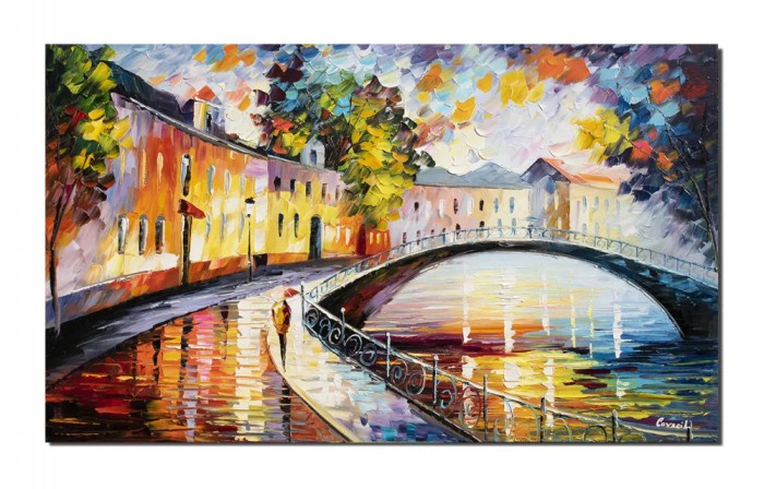 Tablou pictat manual, Peisaj citadin, impresionist, 100x60cm ulei pe panza in cutit efect 3D, Magistral