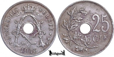 1913, 25 Centimes - Albert I - Regatul Belgiei - inscripție olandeză foto