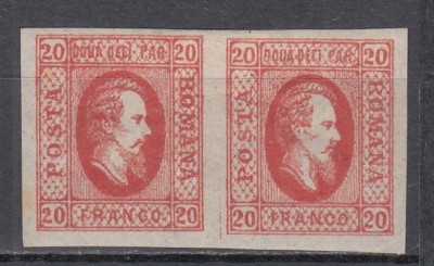 ROMANIA 1865 LP 17 ALEXANDRU IOAN CUZA EFIGIA DOMNITORULUI IN OVAL 20 PARALE ROSU PERECHE GUMA ORIGINALA SARNIERA foto