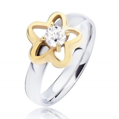 Inel din oțel, contur auriu de floare cu zirconiu rotund, transparent - Marime inel: 59 foto
