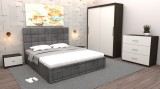 Dormitor Regal cu Pat Tapitat Gri stofa cu dulap usi glisante Wenge fara oglinda si cu comoda Tv
