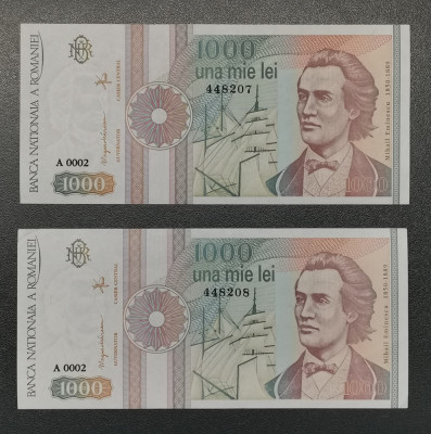 Rom&amp;acirc;nia 1000 Lei 1991 UNC consecutive din fisic foto